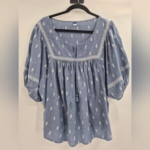 Puff Sleeved Embroidered Poet Swing Blouse Size 2X